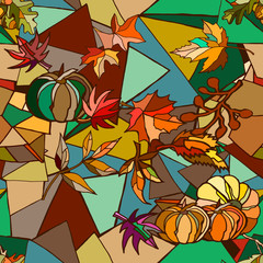 Abstract colorful Thanksgiving day illustration with pumpkins and leaves.  Hand drawn. 