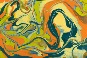 Yellow, green and orange marbling liquid background. Fluid art abstract texture. Mixed acrylic inks.