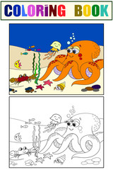 Bright, colorful and coloring pattern. The seabed with its inhabitants. Fish with octopus. Cartoon raster