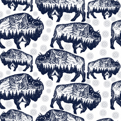 Bison, double exposure animals. Seamless pattern. Packing old paper, scrapbooking style. Vintage background. Medieval manuscript, engraving art. Buffalo bull travel symbol, adventure, tourism