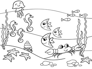 The underwater world, the seabed with its inhabitants. Cartoon raster coloring