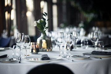 Beautiful table set for an event party or wedding reception . restaurant interior