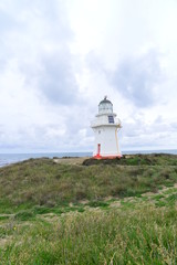 Fototapeta na wymiar white lighthouse with red door in new zealand