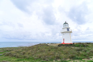 Fototapeta na wymiar white lighthouse with red door in new zealand