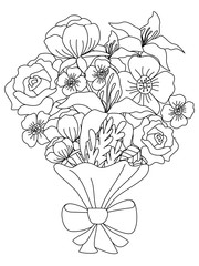 A bouquet of flowers for the holiday. Children coloring. Black lines, white background. Cartoon raster