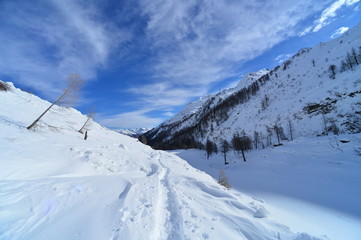 Fototapeta na wymiar Snowy landscape in the Swiss mountains with a path in the snow with a blue sky