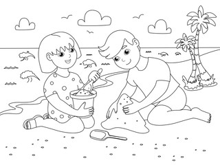Children play on the sand beach. Holidays at sea. Children coloring. Black lines, white background. Cartoon raster