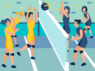 Women volleyball competitions. In minimalist style. Cartoon flat raster