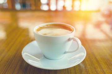 Hot coffee on table close up. vintage filter