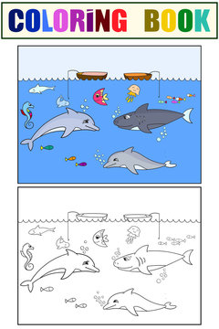 Set children coloring book and color picture. Sea inhabitants, diving. Fish in the ocean.