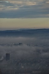 the city of zurich switzerland viewed from the uetliberg in the fog in the morning mood