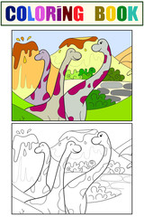 Three friend dinosaurs are walking. Coloring book for children and color, set. Raster
