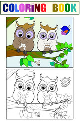 Two owls on a branch. Set of children art coloring book and drawing.