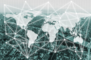 Double exposure global concept of business and technology network on city background. element of this image furnished by NASA.