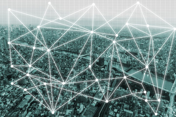 Double exposure digital networking technology on Money and financial city background. Concept of future business trend.  element of this images furnished by NASA.