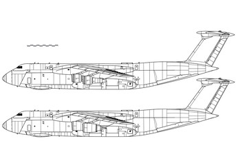 Lockheed C-5 Galaxy, C-5M Super Galaxy. Vector drawing of military transport aircraft. Side view. Image for illustration and infographics.
