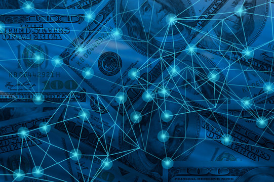 Double exposure digital networking technology on Money and financial city background. Concept of future business trend.  element of this images furnished by NASA.