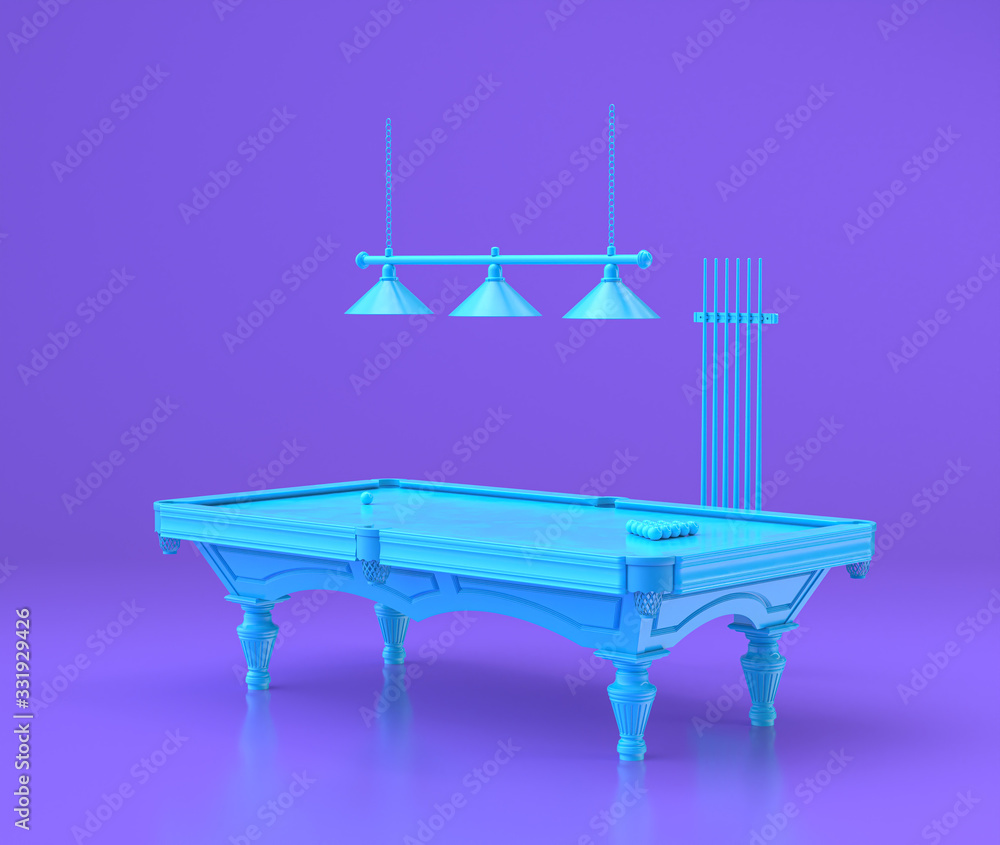 Poster arcade retro pool table and cue stick board, entertainment center objects in purple flat room, 3d re