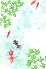 金魚と新緑のモミジで構成した夏のイメージ背景、水彩イラスト