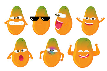 Set of funny papaya character isolated on white background. Vector cartoon faces with various emotions.