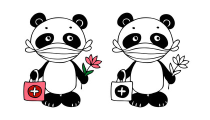 Panda has wearing face mask. Cute illustration of panda - doctor. Vector illustration for concept quarantine and illness treatment coronavirus. Illustration for pediatrician, pediatric ward hospital.