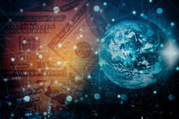 Obraz premium Double exposure digital networking technology on Money and financial city background. Concept of future business trend. element of this images furnished by NASA.