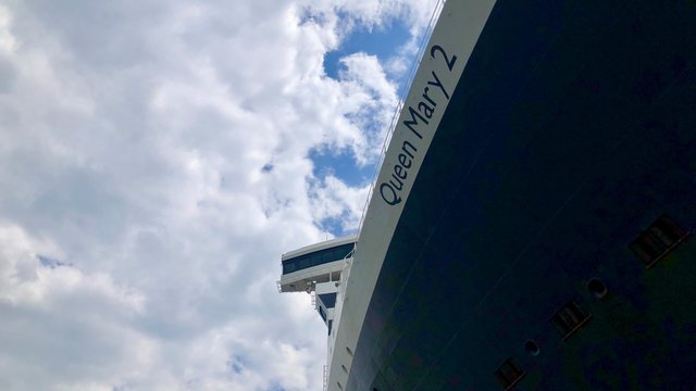 Hamburg, Germany - June 21, 2019: Queen Mary 2, the luxurious Cunard Liner is visiting Hamburg in order to pick up passengers for the next cruise.