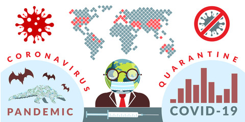 Covid-19. Vector infographics illustration of global news about coronavirus pandemic with eath globe shaped head man and map of infected area