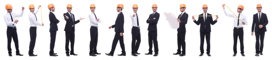 panoramic photo collage of confident architect isolated on white