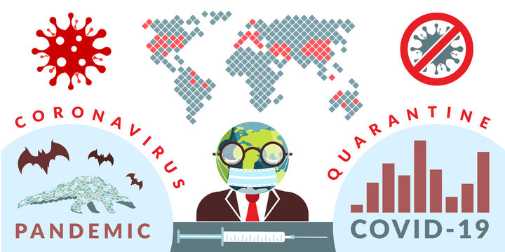 Covid-19. Vector infographics illustration of global news about coronavirus pandemic with eath globe shaped head man and map of infected area