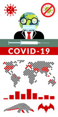 Covid-19. Vector infographics illustration of global news about coronavirus pandemic with eath globe shaped head man and map of infected area