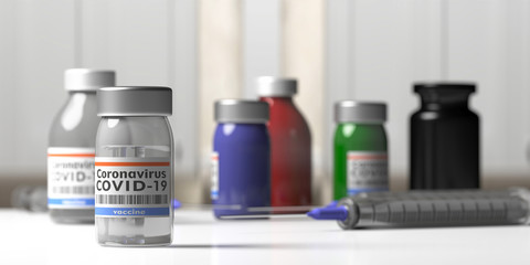 Covid 19 Coronavirus Vaccination. Medical injection syringe and vials with vaccine background. 3d illustration