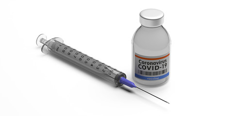 Coronavirus Covid 19 Vaccination. Medical injection syringe and vial with vaccine isolated on white background. 3d illustration