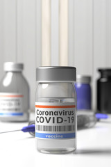 Coronavirus Covid 19 Vaccination. Medical vial with vaccine. 3d illustration