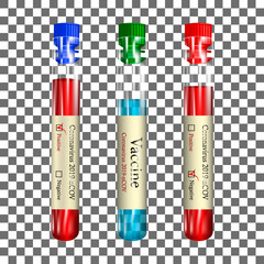 Realistic transparent test tubes with blood and vaccine on an isolated background , positive and negative test for coronavirus (2019-nCOV), vector illustration