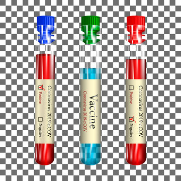 Realistic transparent test tubes with blood and vaccine on an isolated background , positive and negative test for coronavirus (2019-nCOV), vector illustration