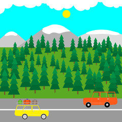 Forests, mountains landscape with travel cars rides on the road on foreground. Vector stock illustration.