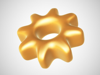 3D golden mechanical gear isolated on white background. Concept of established business process and profitable investment. Vector illustration of cogwheels - mechanical element of clockwork.