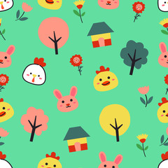 seamless pattern with flowers, tree, house, and animals,  for fabric printing,scarf, textile