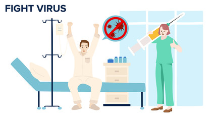 Doctor holding syringe and happy with results of a patient tested negative for COVID 19 or corona virus. Vector Illustration