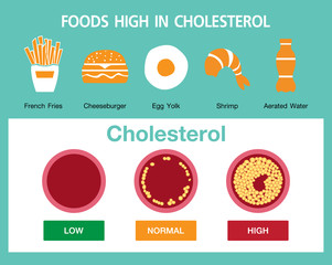 Cholesterol in artery, health risk , vector design, foods high in cholesterol