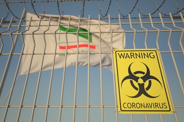 Coronavirus warning sign on the barbed wire fence near flag of Emilia-Romagna, a region of Italy. COVID-19 quarantine related 3D rendering