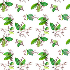 watercolor seamless pattern of green leaves and brown bushes