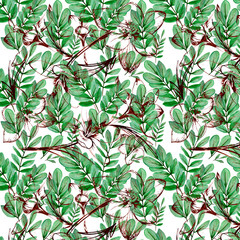 seamless pattern of green leaves and brown flowers