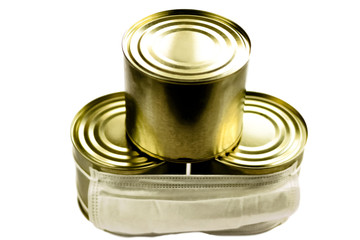 Coronavirus COVID-19 food provision supply can preserves in white face mask isolated on white...