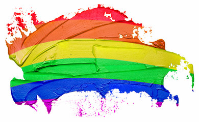 Rainbow flag textured oil paint brush stroke, isolated on white background.