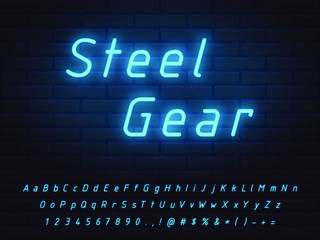 Fototapeta premium jasny niebieski neon czcionka ustawia styl techniczny z przezroczystym blaskiem na ceglanym tle. zbiór liter cyfr ikony znaki symbole dla reklamy projektowania graficznego sieci web