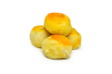 Chinese pastry or moon cake filled with mung bean paste and salted egg yolk isolated on white background. Clipping path