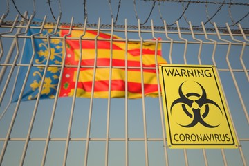 Coronavirus warning sign on the barbed wire fence near flag of Valencian Community, an autonomous region in Spain. COVID-19 quarantine related 3D rendering