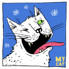 Portrait of a cat who catches snowflakes by mouth. Calligraphy. Color vector illustration. Can be used in social networks, for articles, publications, postcards, prints, posters.